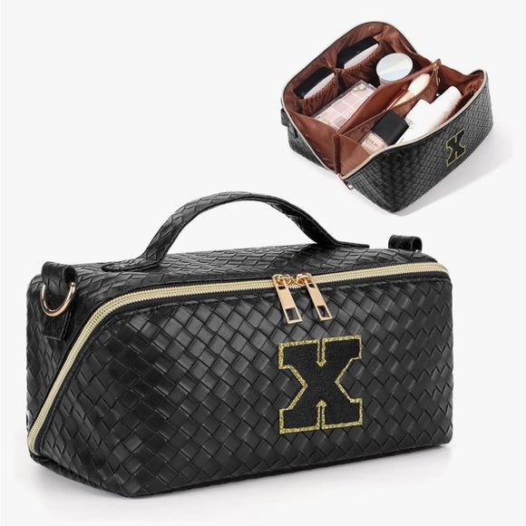 New!Black Woven Travel Toiletry Bag with Gold X Guitar Crossbody Strap - Picture 1 of 6